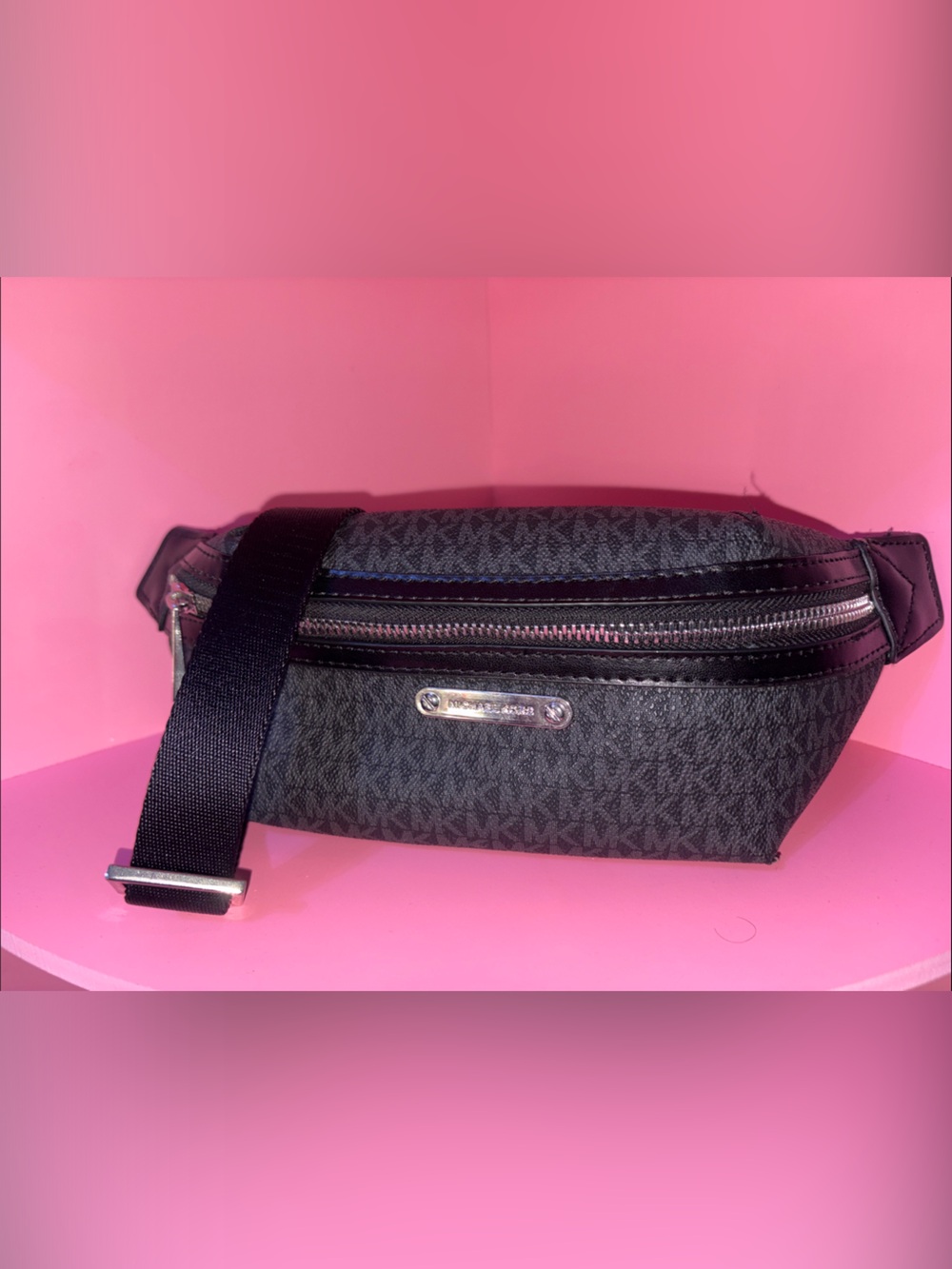 Michael Kors Black Monogram Belt Bag with Silver Hardware